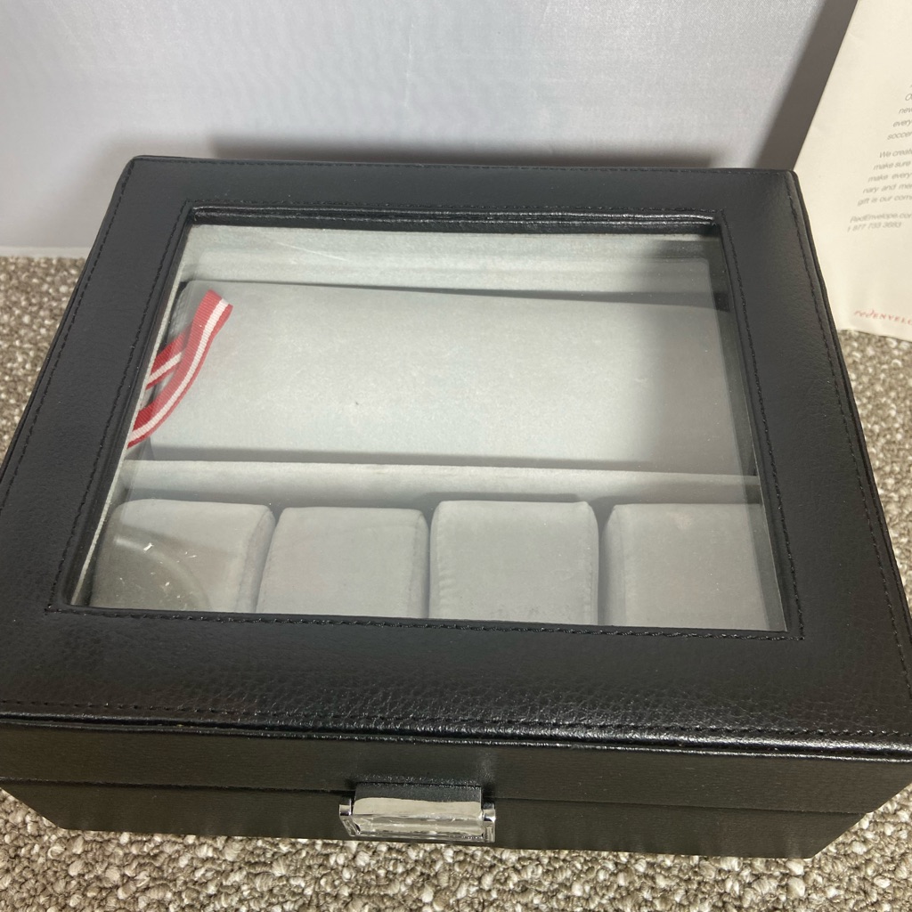 Red Envelope Black Leather Watch Case With Glass Top Mens Womens Holds 8
